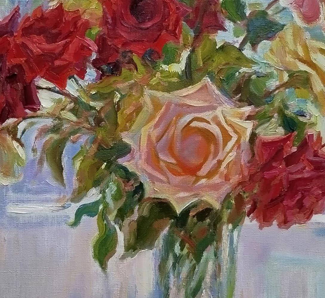 Oil painting of vibrant red and peach roses in vase by Leonid Pavlenko
