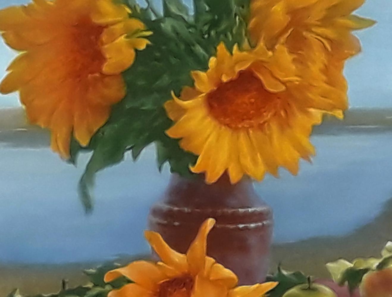 Oil painting of Vasily Korkishko bouquet: rustic vase with yellow sunflowers