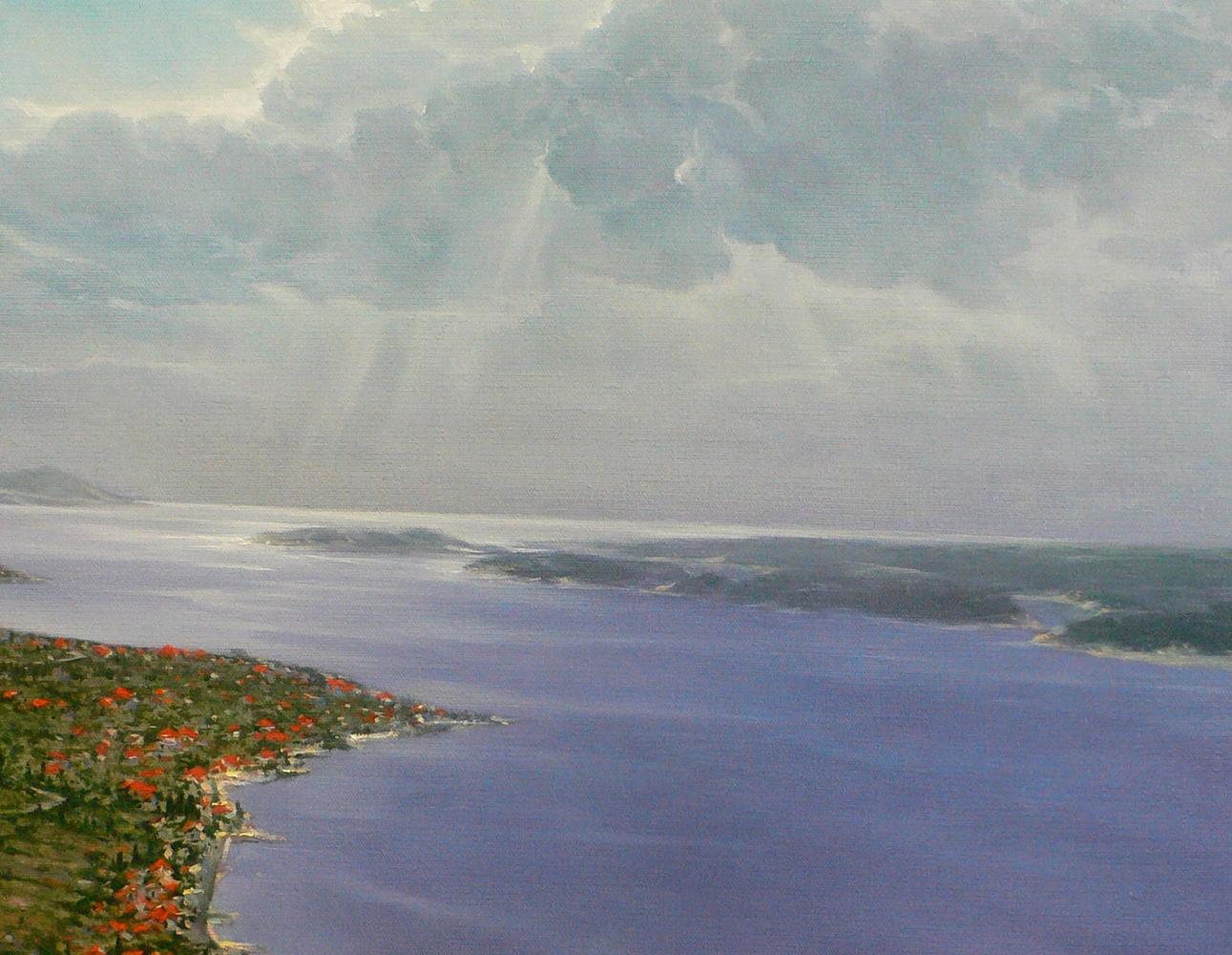 Serene oil painting of Vasily Korkishko river view with rainy blue waters