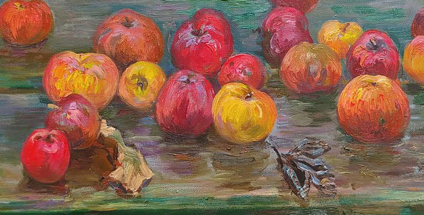 Oil painting of vibrant red yellow orange apples after rain by Leonid Pavlenko