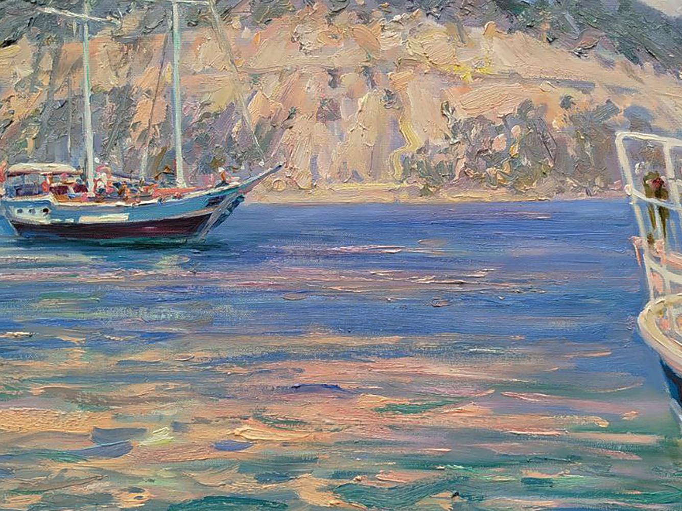 Oil painting of blue and white sailboat near sunny beach by Leonid Pavlenko