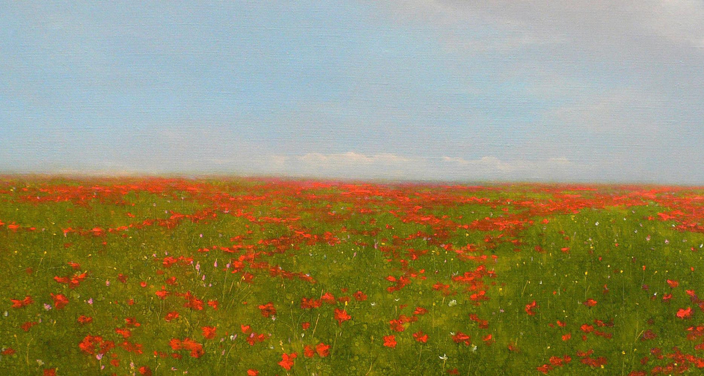 Oil painting of blooming red poppy field by Vasily Korkishko