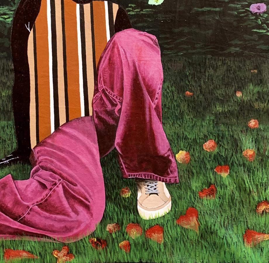 Vibrant magenta velvet trousers in Among Petals and Grass painting by Akintomide Akinshola