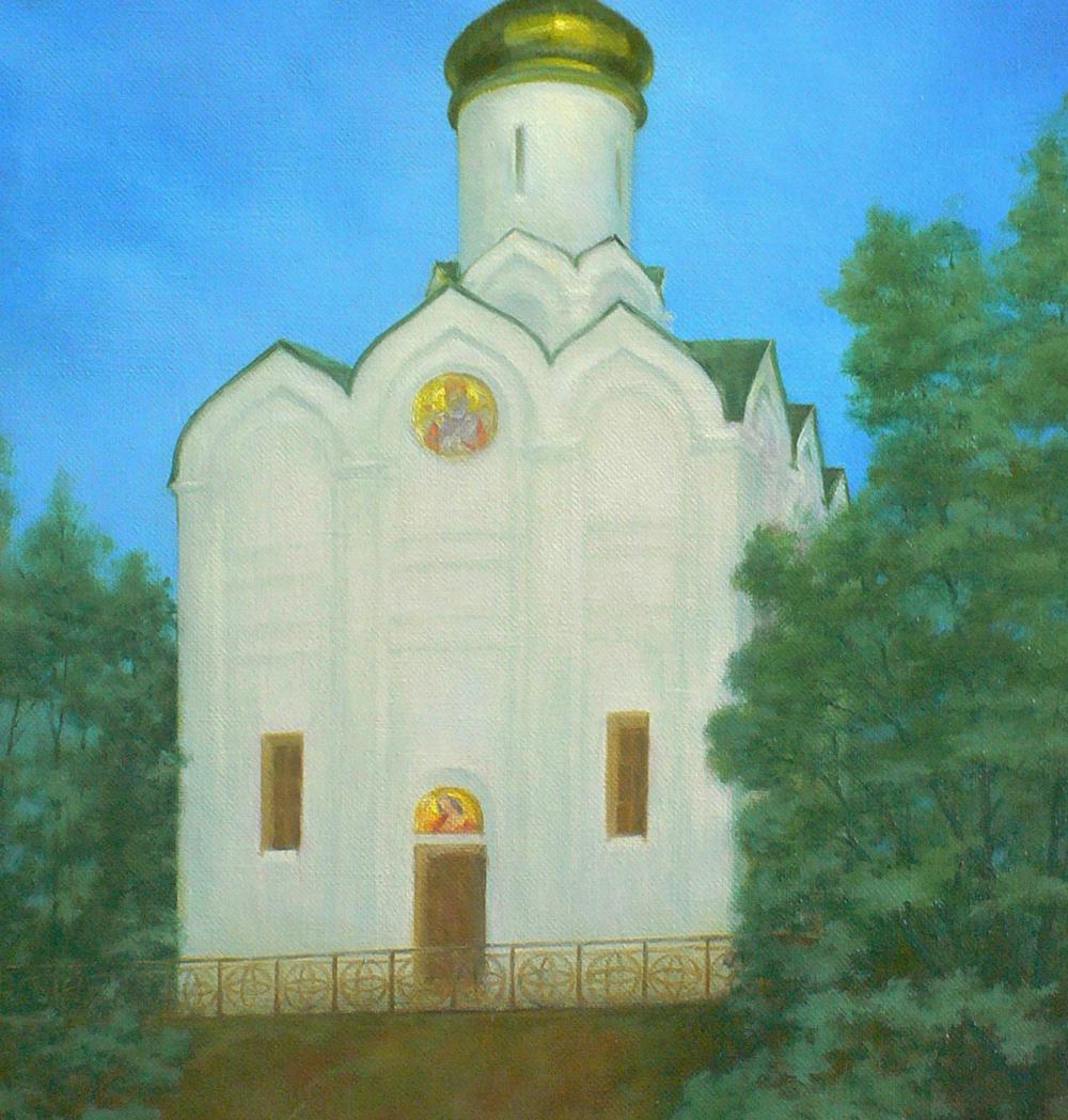 Oil painting of Church of St. Nicholas by Vasily Korkishko, white stone with golden dome