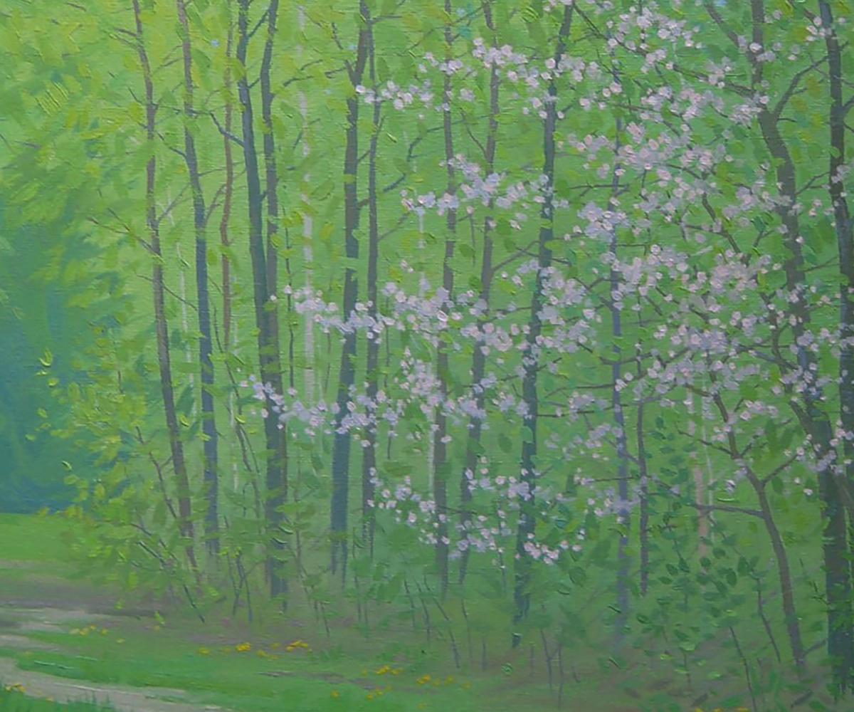 Serene April forest oil painting by Valery Savenets with pink blossoms