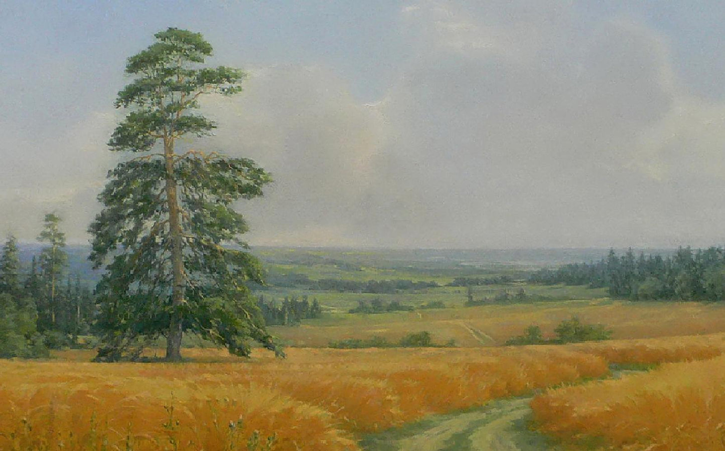 Oil painting of tall pine in golden wheat field by Vasily Korkishko
