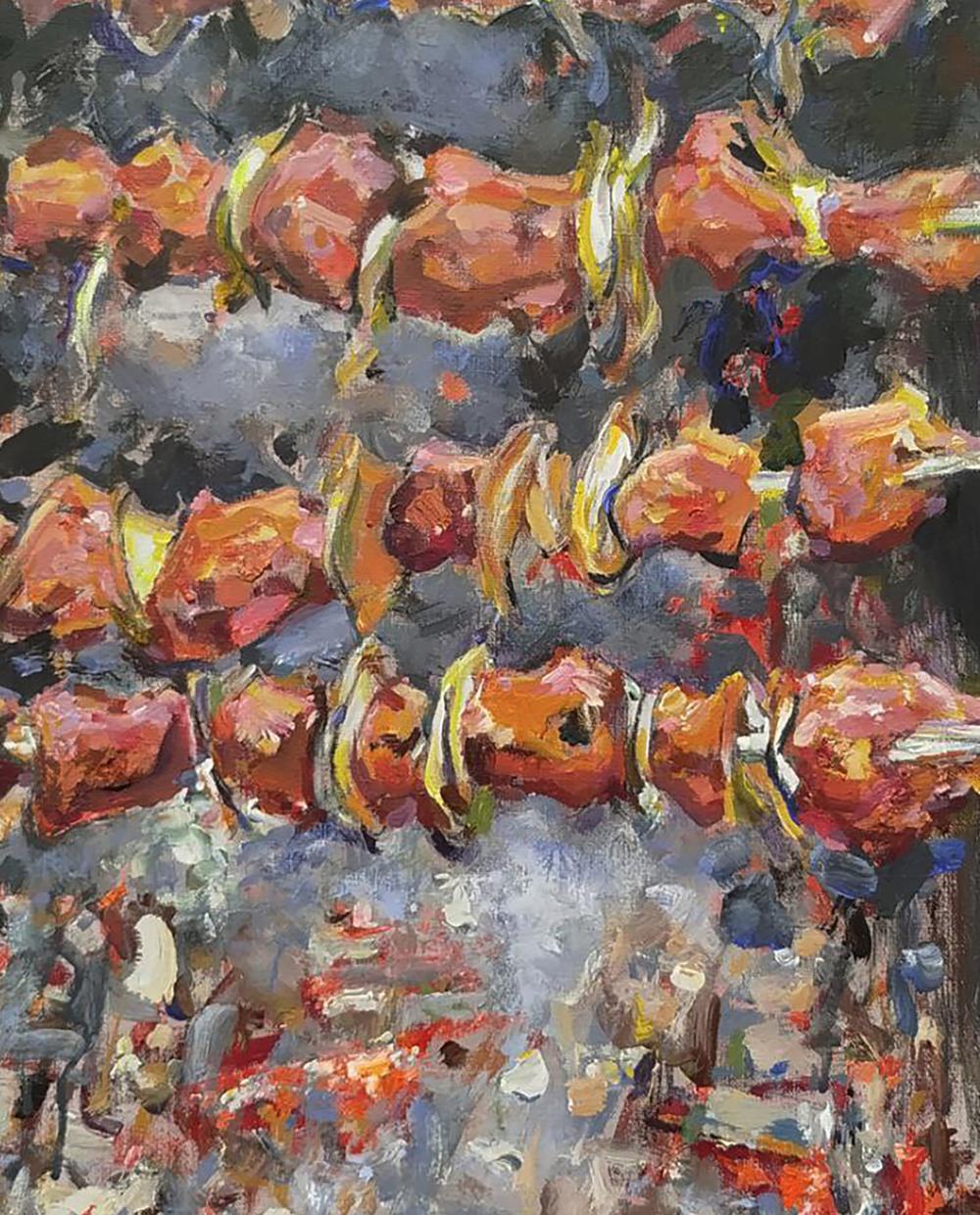Oil painting of vibrant orange red skewered meat by Leonid Pavlenko