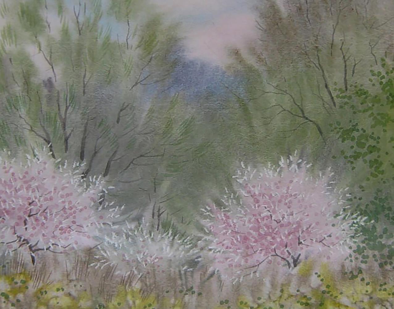 Watercolor painting of blooming pink cherry blossoms by Valery Savenets