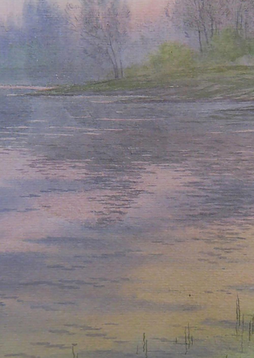 Serene watercolor Morning river by Valery Savenets, soft blues and purples