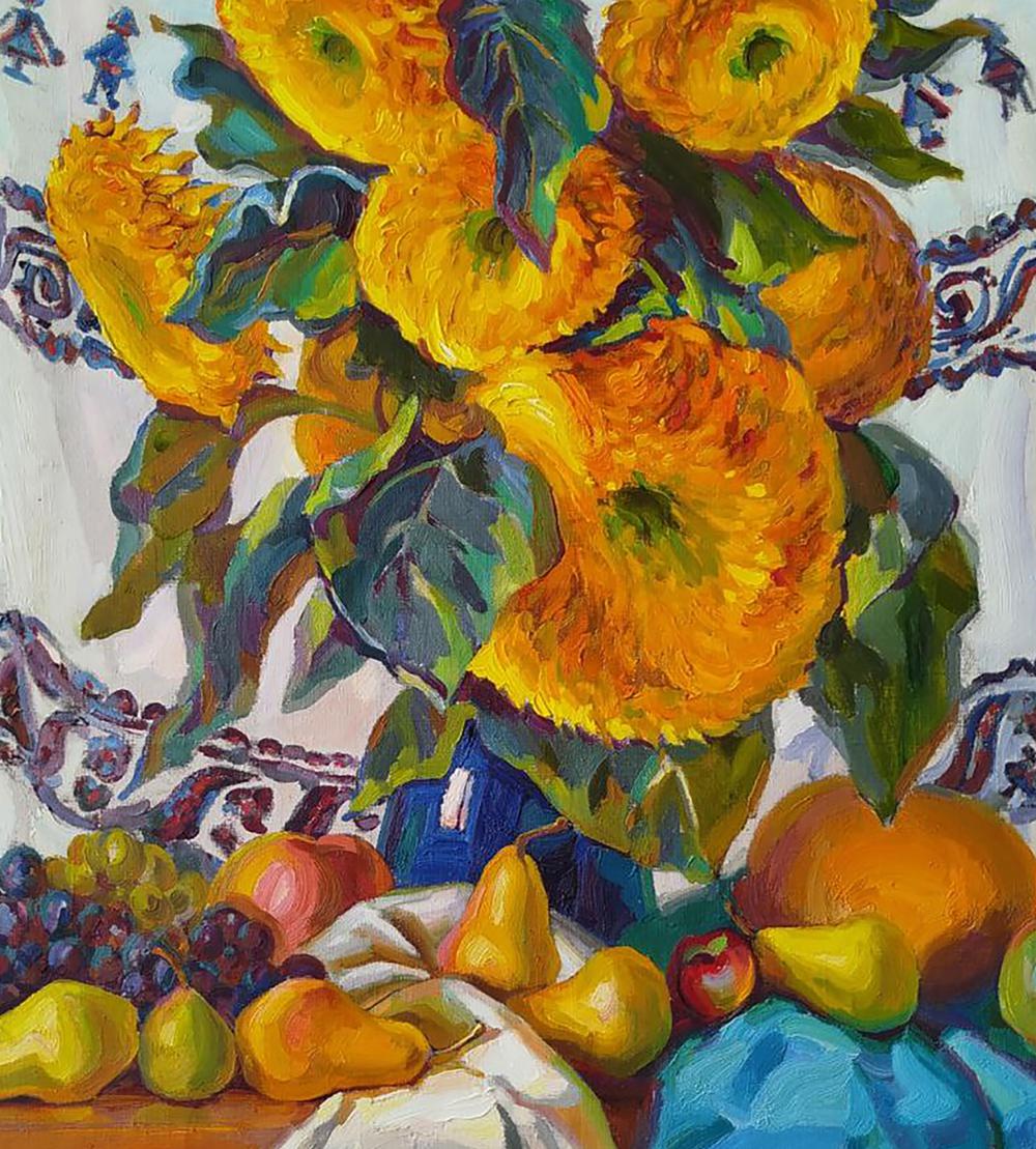 Oil painting Autumn sunflowers by Leonid Pavlenko vibrant yellow orange flowers vase fruit