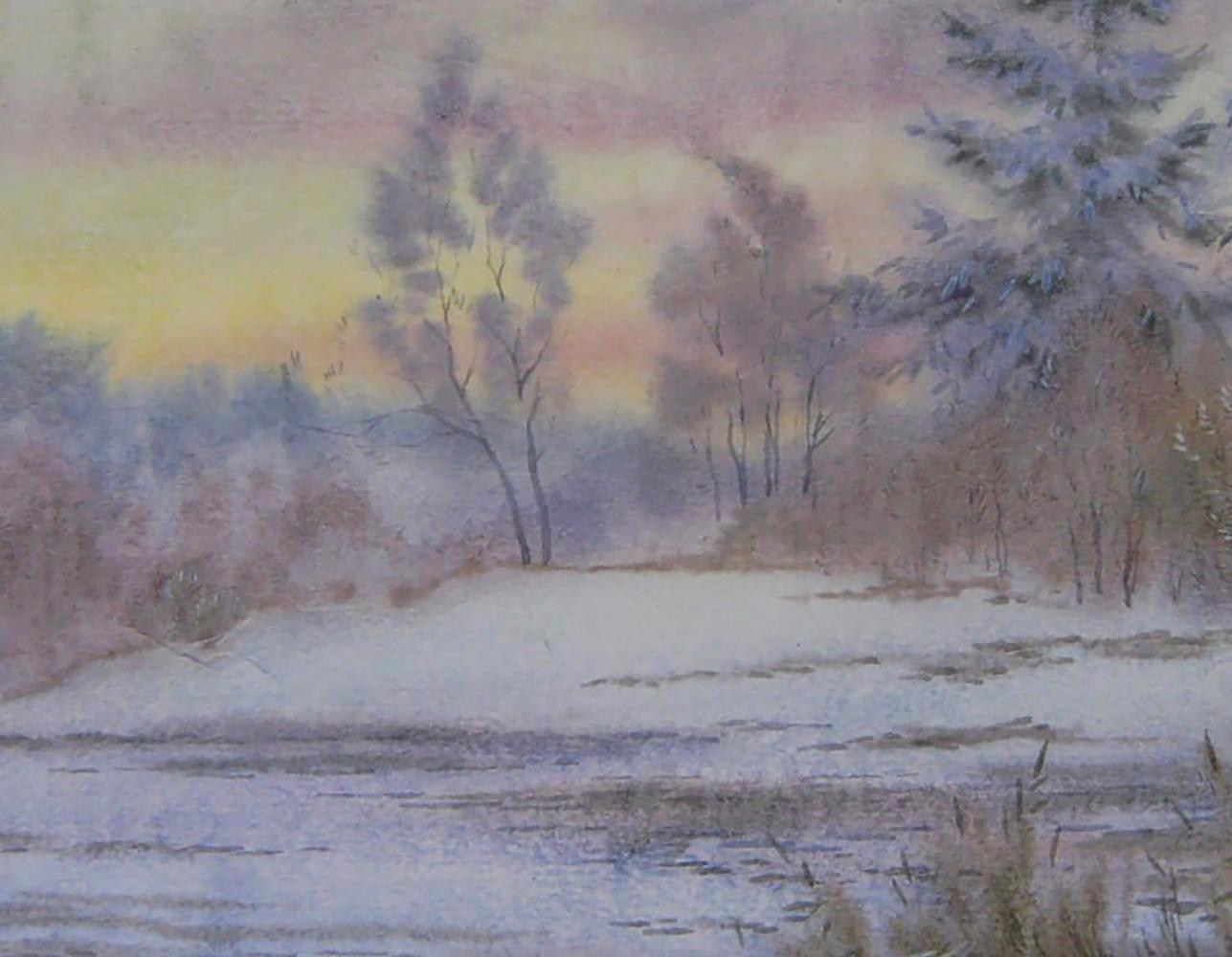 Watercolor painting Winter wind by Valery Savenets: snowy dusk landscape