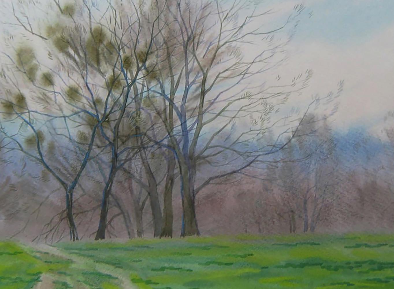 Watercolor painting of spring meadow in forest with bare misty trees by Valery Savenets