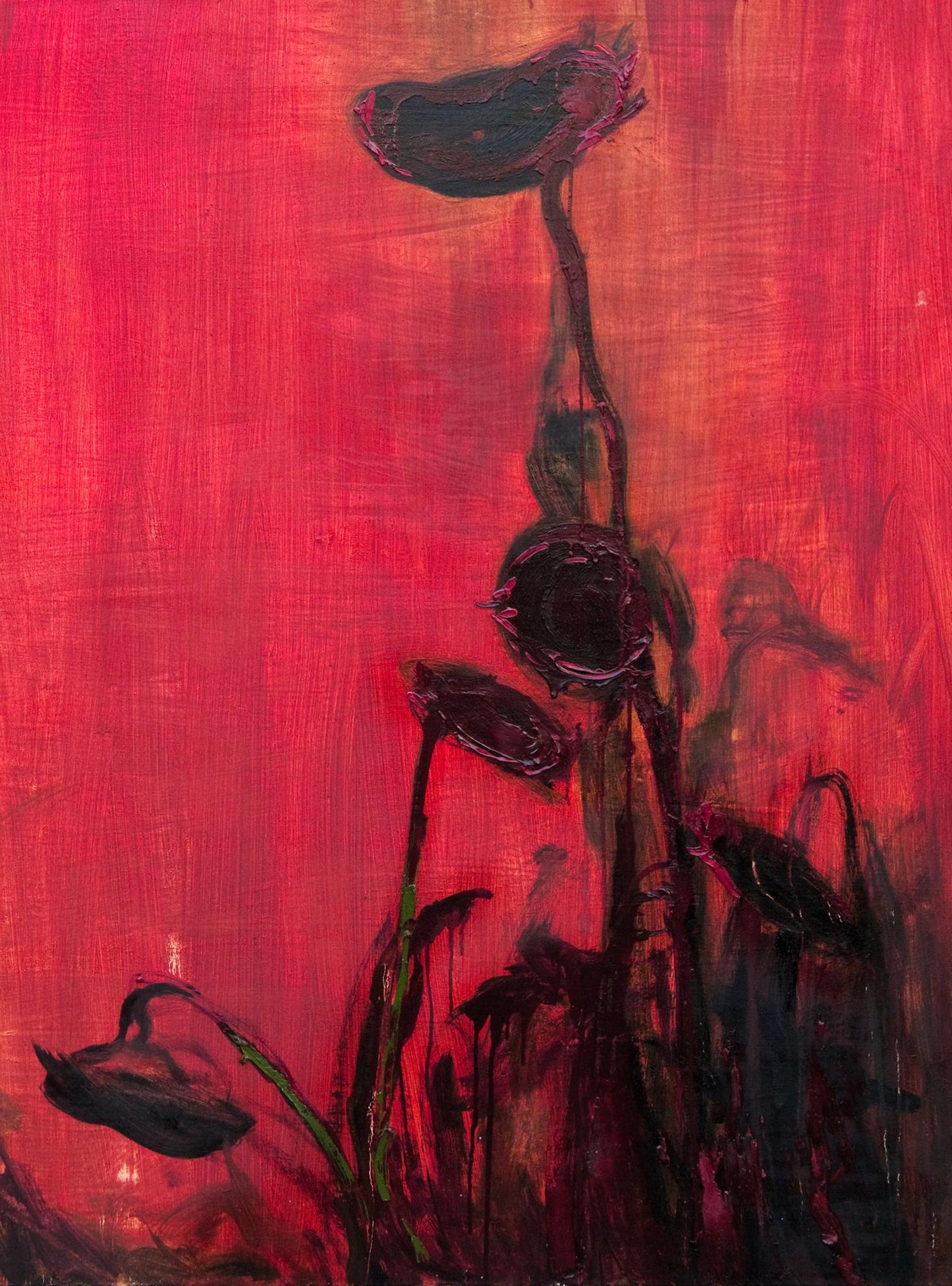 Bold abstract oil painting of sunflowers in fog by Natalia Korf-Ivaniuk