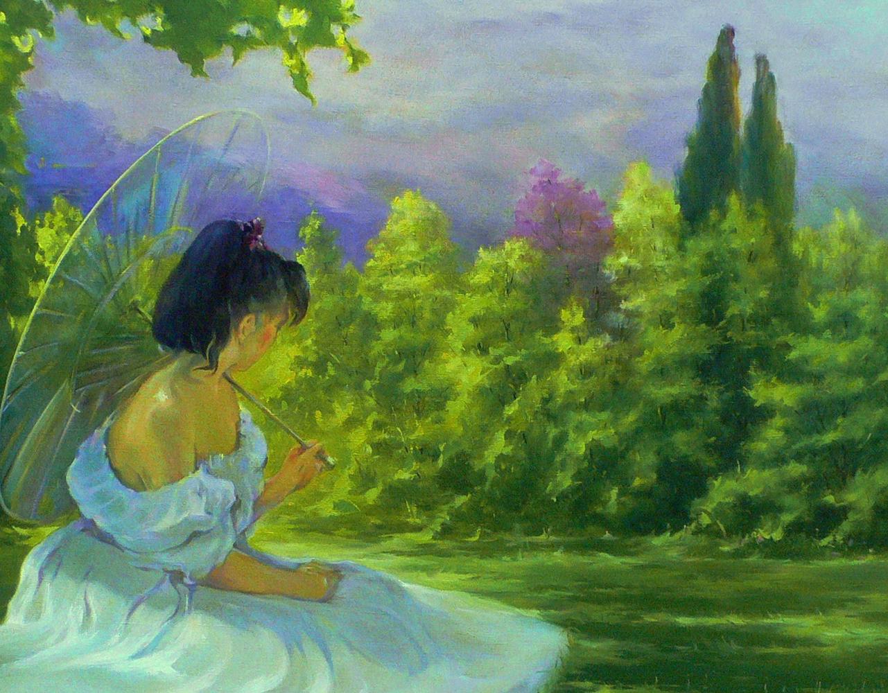 Delicate fairy in blue gown with purple flower holding umbrella, Vasily Korkishko oil painting
