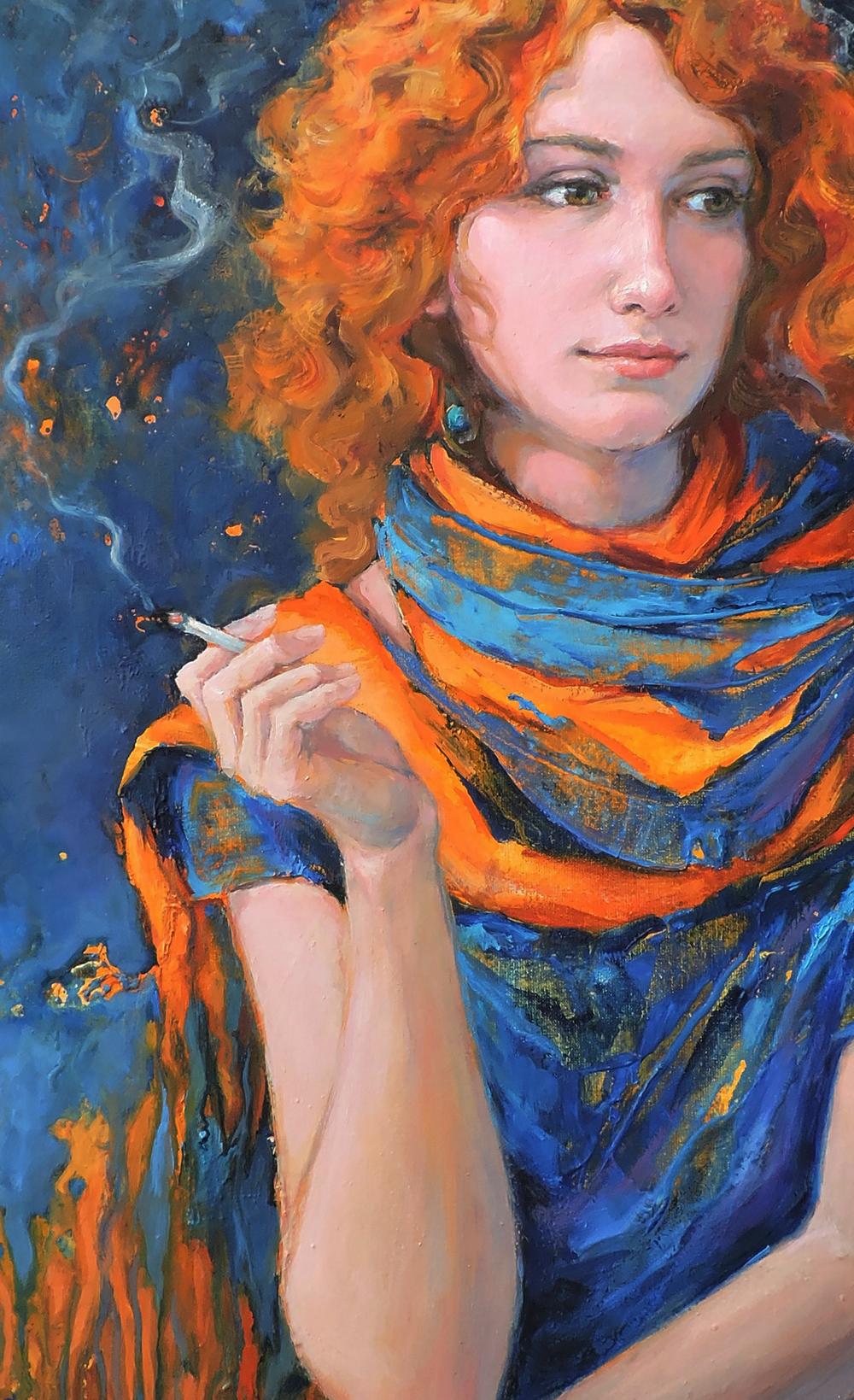 Oil painting of Oksana Osnach, orange curly hair, striped scarf, cigarette