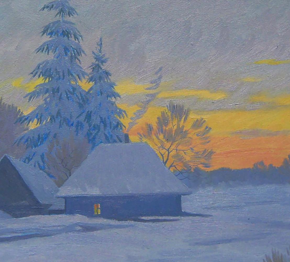 Oil painting Night after the storm by Valery Savenets: snowy cabin at twilight