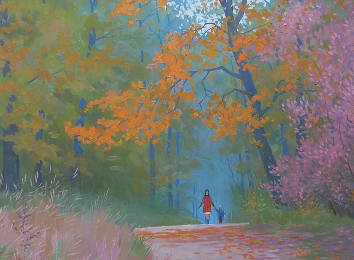 Oil painting by Valery Savenets: woman in red coat walks hand-in-hand with child on misty autumn forest path