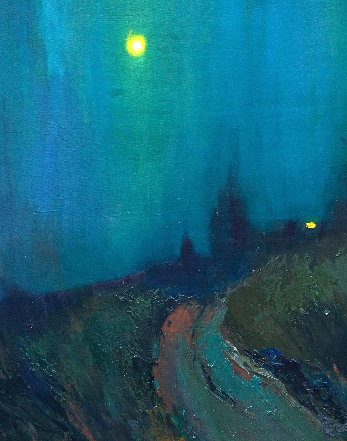 Oil painting Fog over the field by Natalia Korf-Ivaniuk with glowing sun