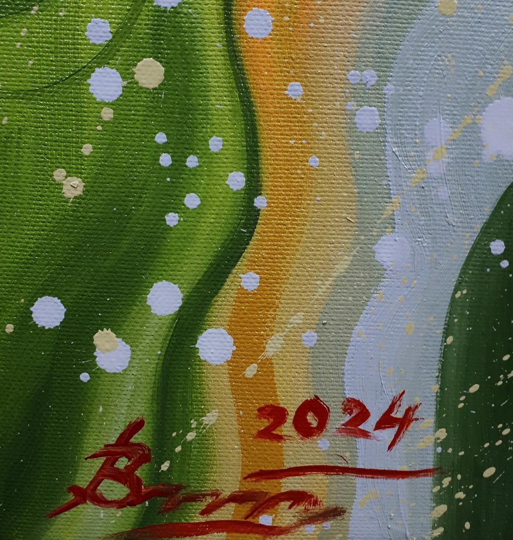 Oil painting Absinthe man by Sergiy Voichenko with vibrant green, orange brushstrokes