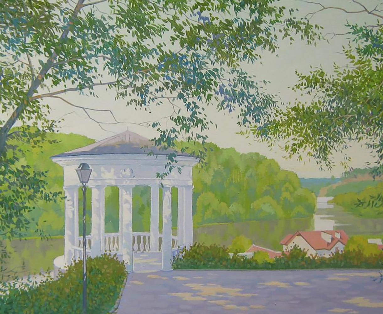 Oil painting of white classical gazebo in Morning in the city park by Valery Savenets