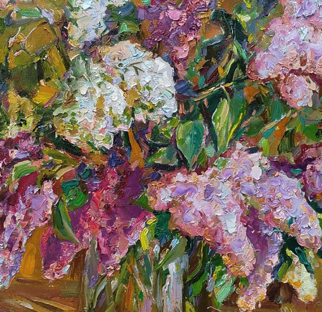 Vibrant oil painting of lilac hydrangeas by Leonid Pavlenko