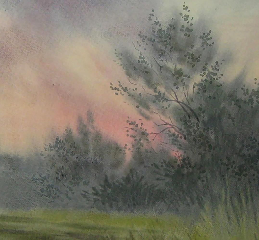 Watercolor painting Before the Rain by Valery Savenets, tree in pink-gray sky