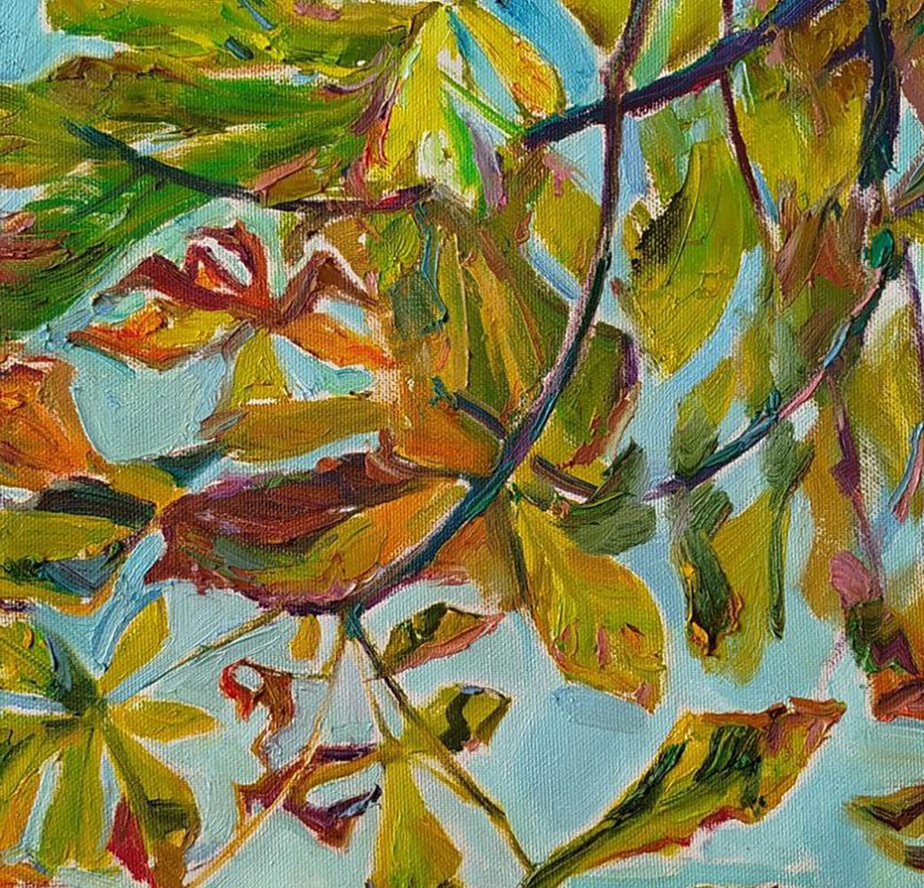 Vibrant impressionist oil painting of chestnut leaves by Leonid Pavlenko