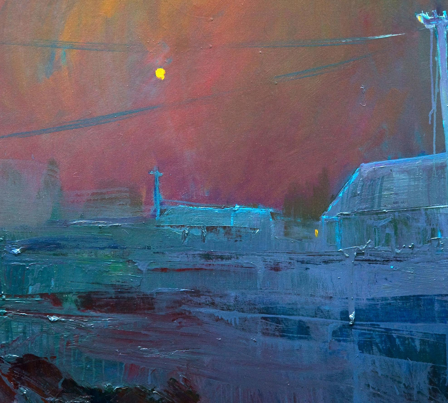 Oil painting Fog over the village by Natalia Korf-Ivaniuk, twilight waterfront scene
