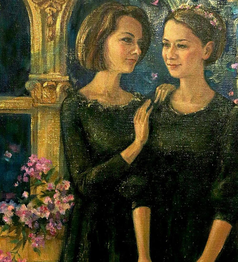 Dark shimmering black dress with sheen, three-quarter sleeves by Oksana Osnach