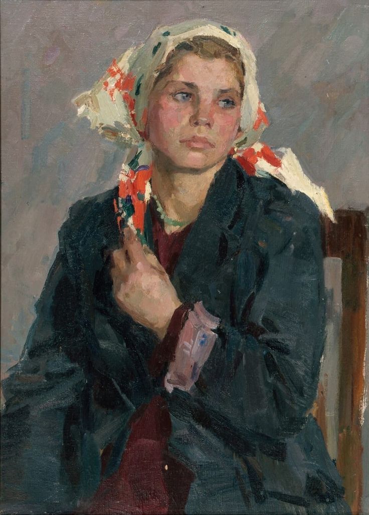 Woman in white floral headscarf, Semen Prokhorov oil painting