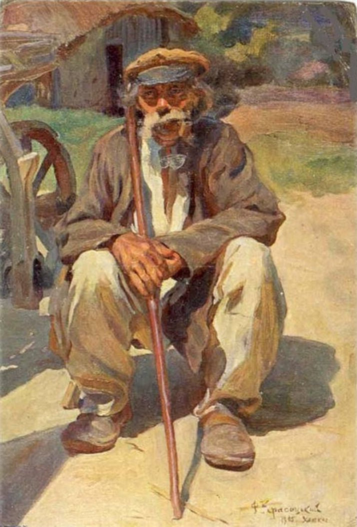 Elderly man with white beard holding cane, Fotiі Krasystky museum-quality realism