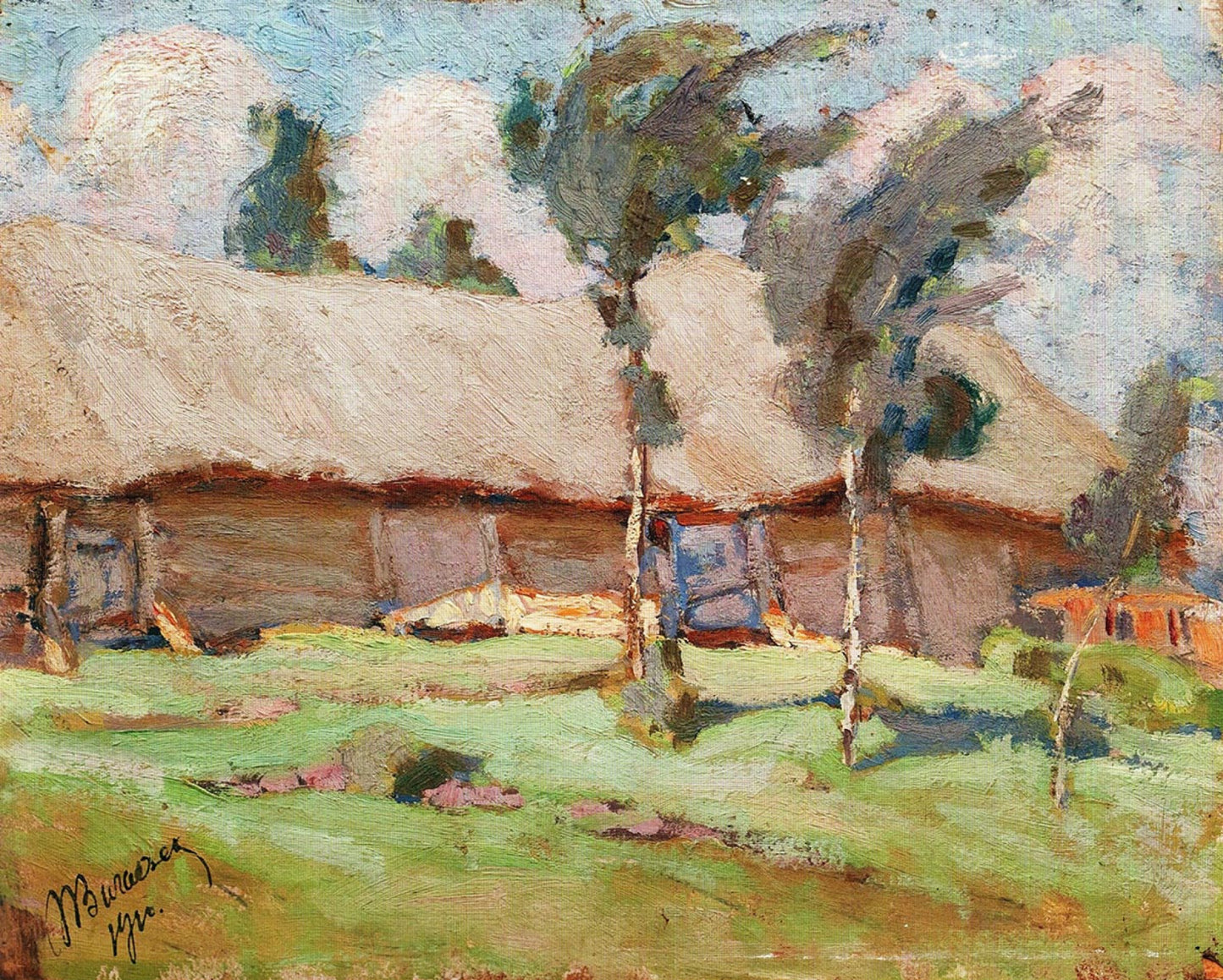 Collectible Mykola Burachek rural landscape painting of rustic thatched house