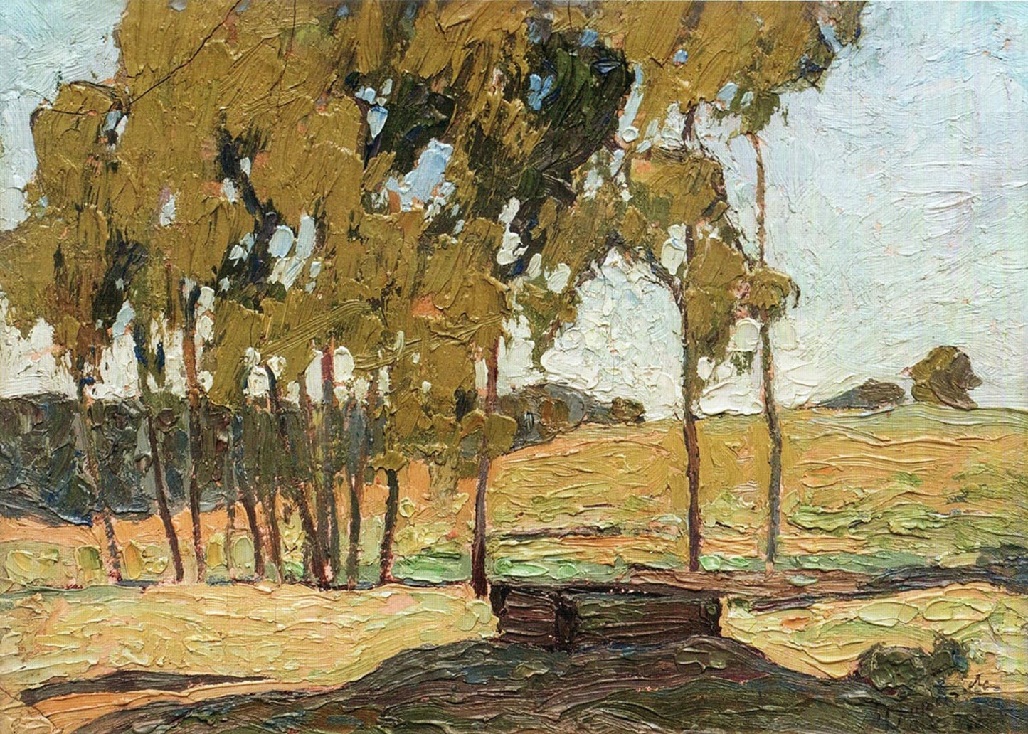 Museum-quality impressionist oil painting by Mykola Burachek of golden-brown trees under pale sky