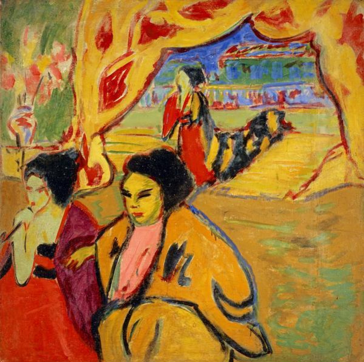 Vibrant yellow and red Mikhail Larionov avant-garde original painting