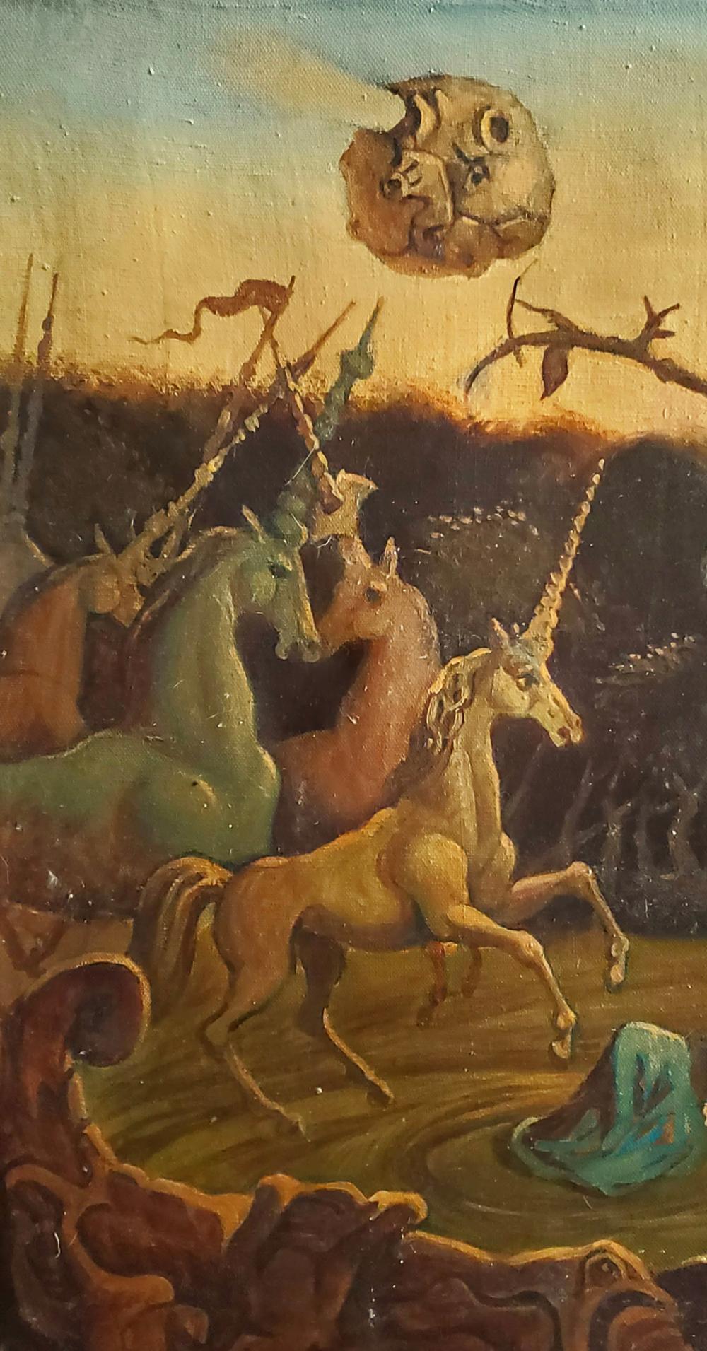Surreal oil painting An Evening of Recklessness by Daniil Litvinov with golden unicorn