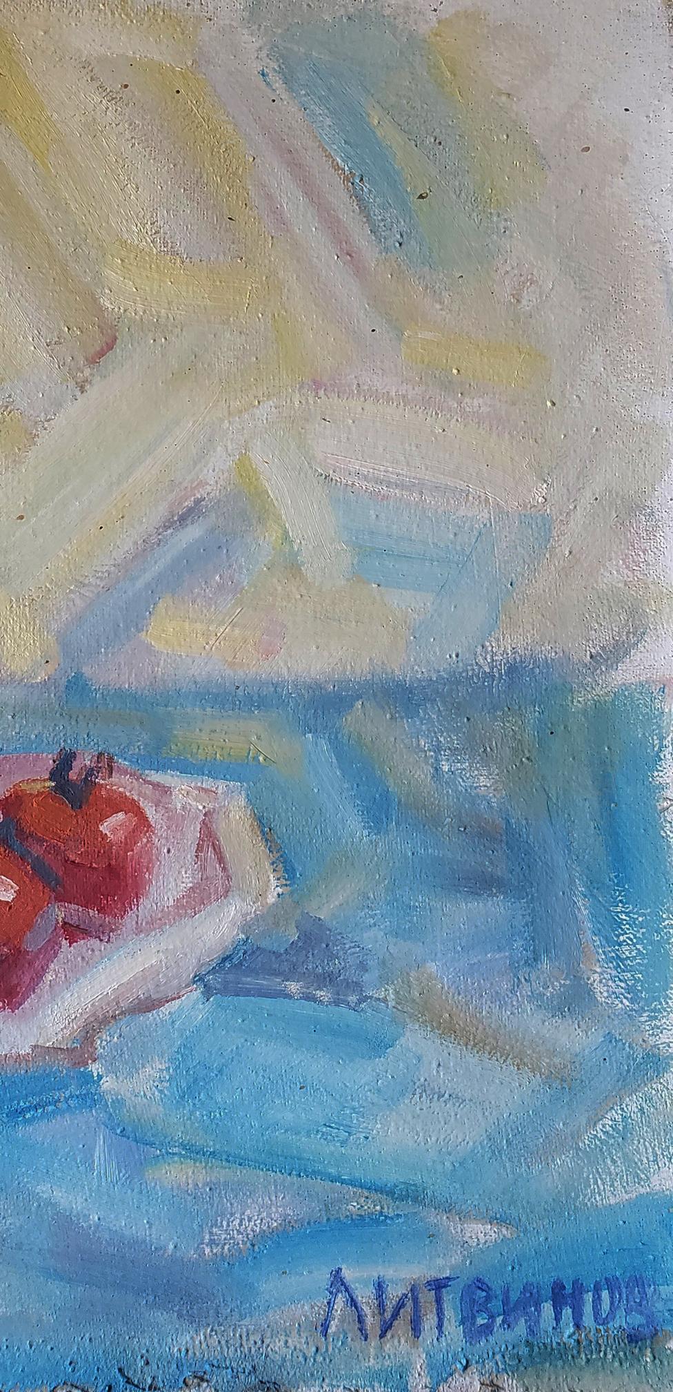 Oil painting of vibrant red apple on plate by Daniil Litvinov