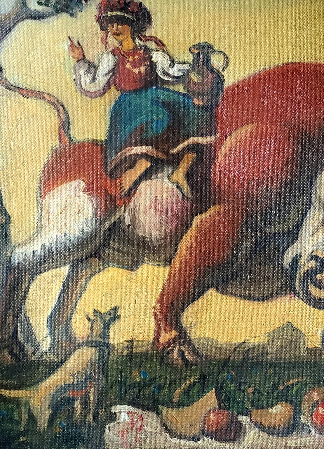 Oil painting To the fair by Daniil Litvinov: woman on red bull with jug
