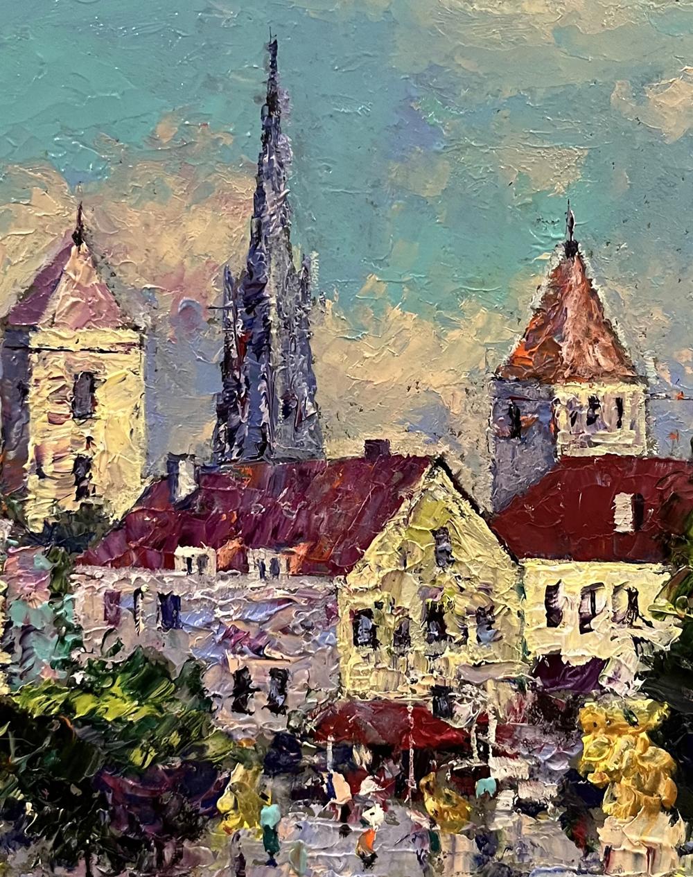 Impressionistic oil painting by Serhiy Rybak of busy European city street
