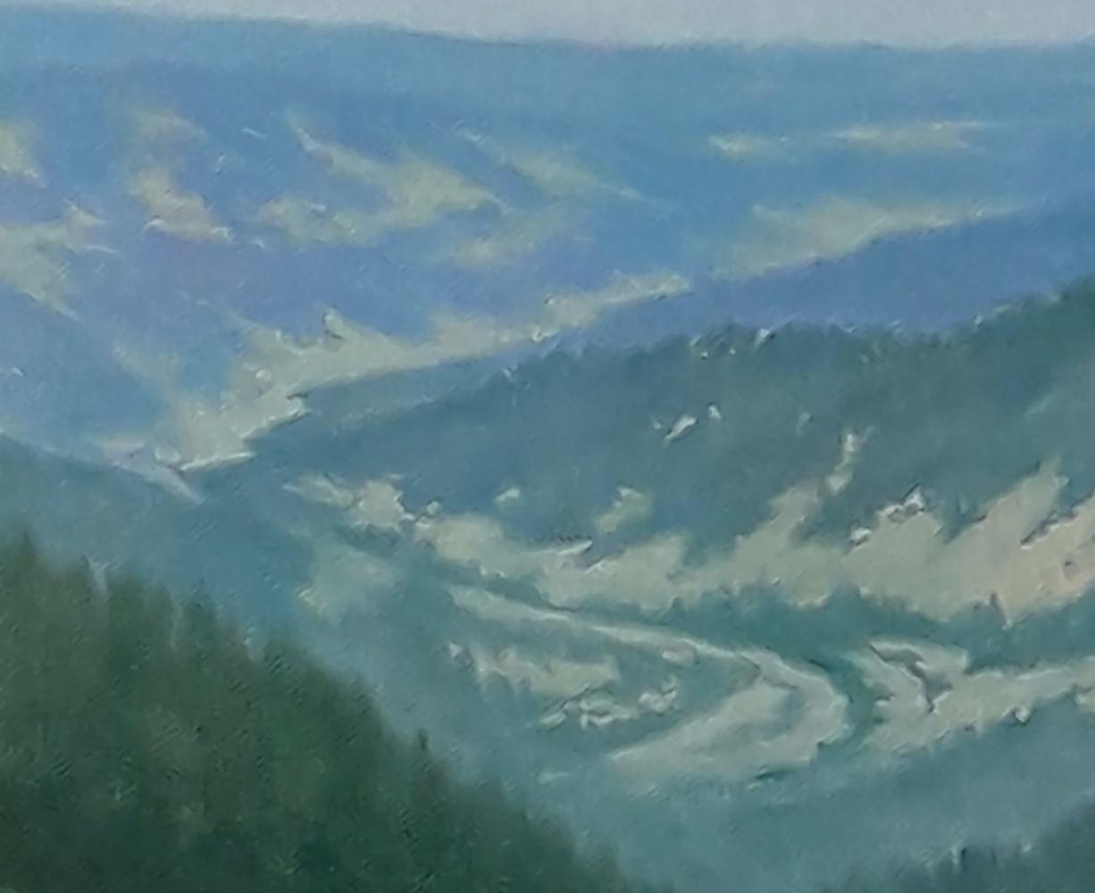 Serene impressionistic oil painting of Vasily Korkishko forested mountain river view