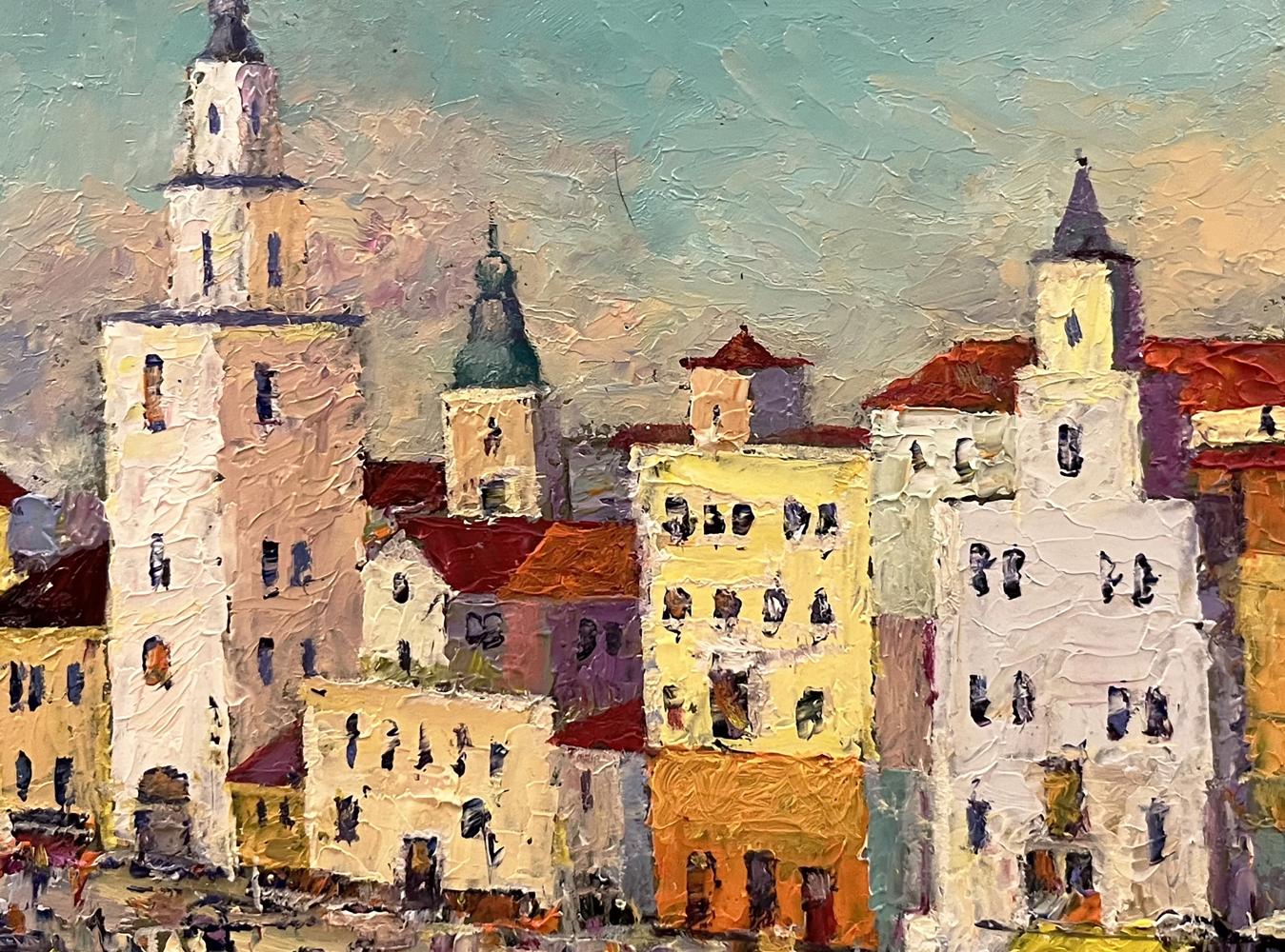 Oil painting of Italian coastal town by Serhiy Rybak with pastel buildings