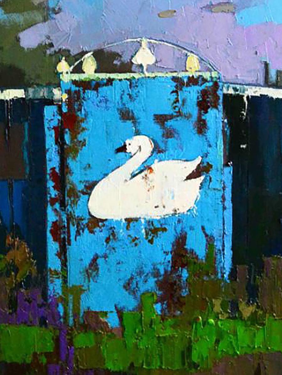 Oil painting Time Passes by Natalia Korf-Ivaniuk: white swan on weathered blue gate