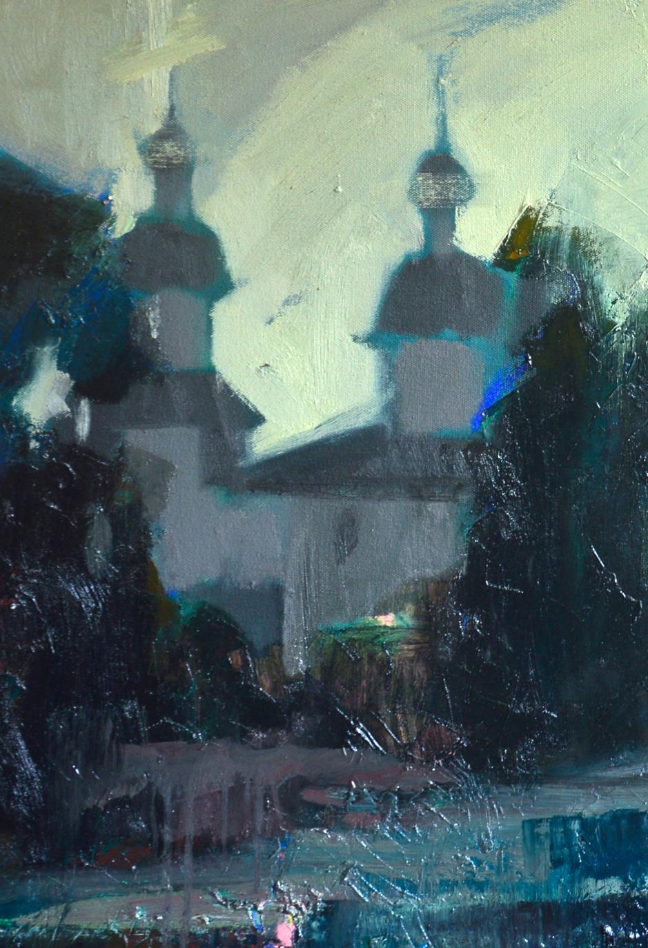 Impressionistic oil painting of church above lake by Natalia Korf-Ivaniuk