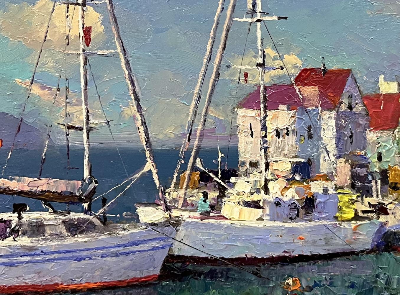 Oil painting Ships at the shore by Serhiy Rybak: harbor with masts