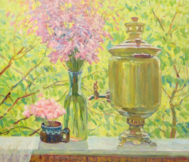 Golden ornate samovar on windowsill in Oleksandr Lopukhov realist oil painting