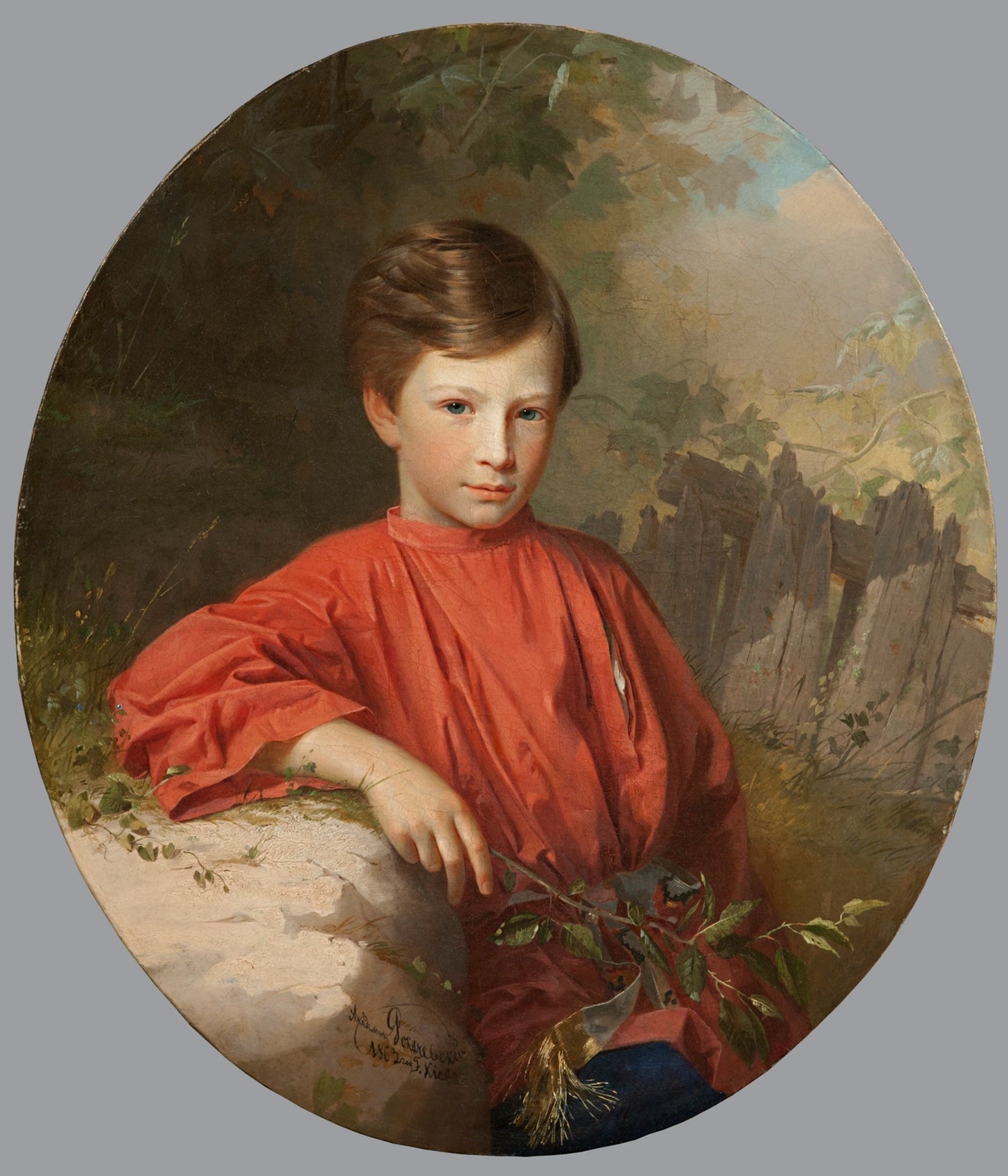 Antique portrait by Opanas Rokachevskyi of boy in red garment and blue trousers