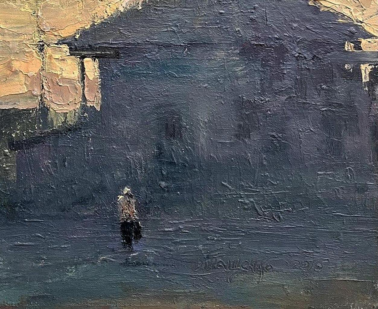 Dark oil painting of church construction in village by Volodymyr Pashchenko