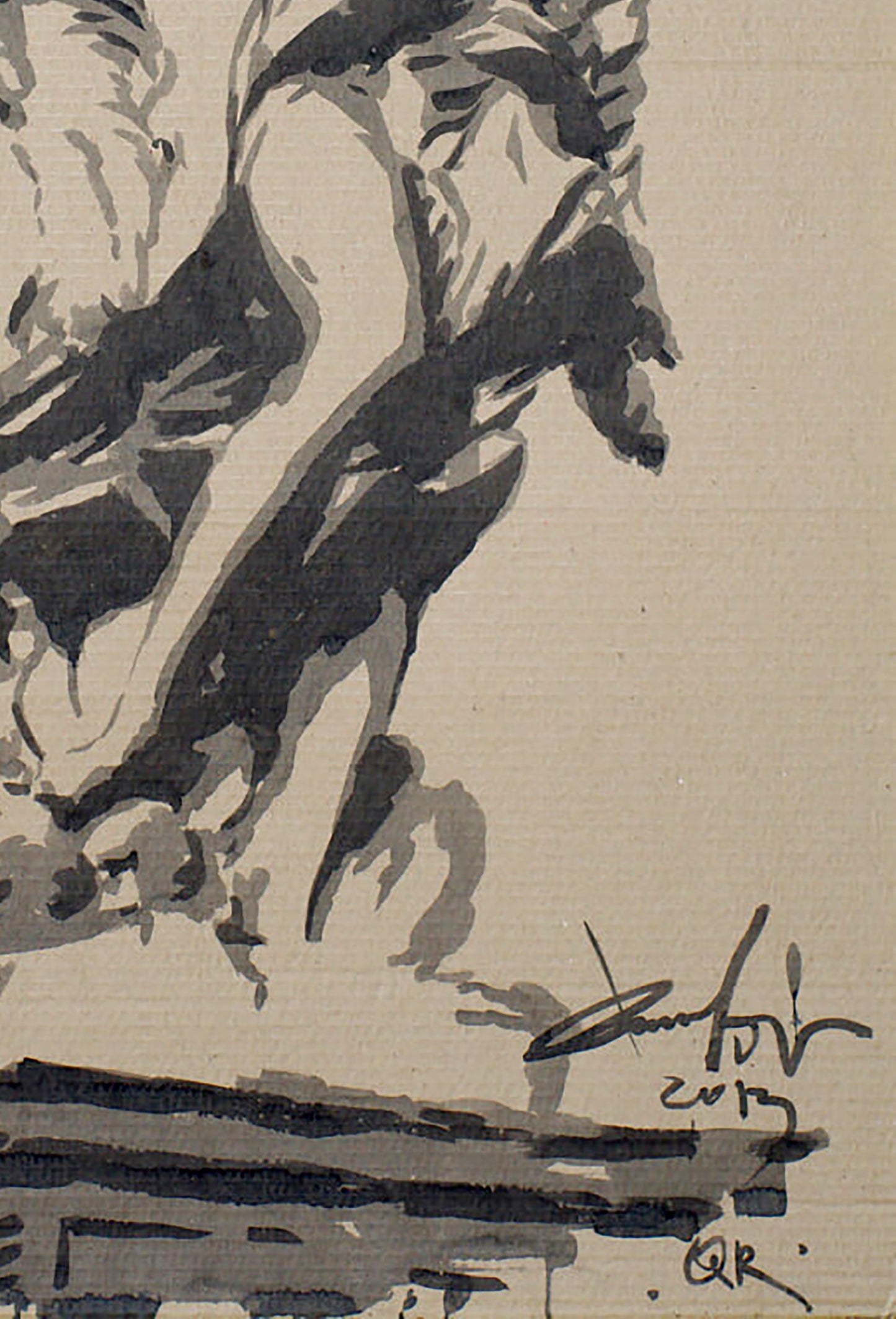 Black and gray ink sketch of horse in motion on textured paper by Dima Filatov