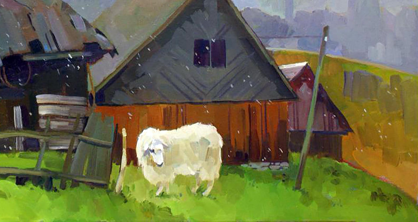 Oil painting First snow by Anastasia Yaroshevich: fluffy white sheep in green field by barn