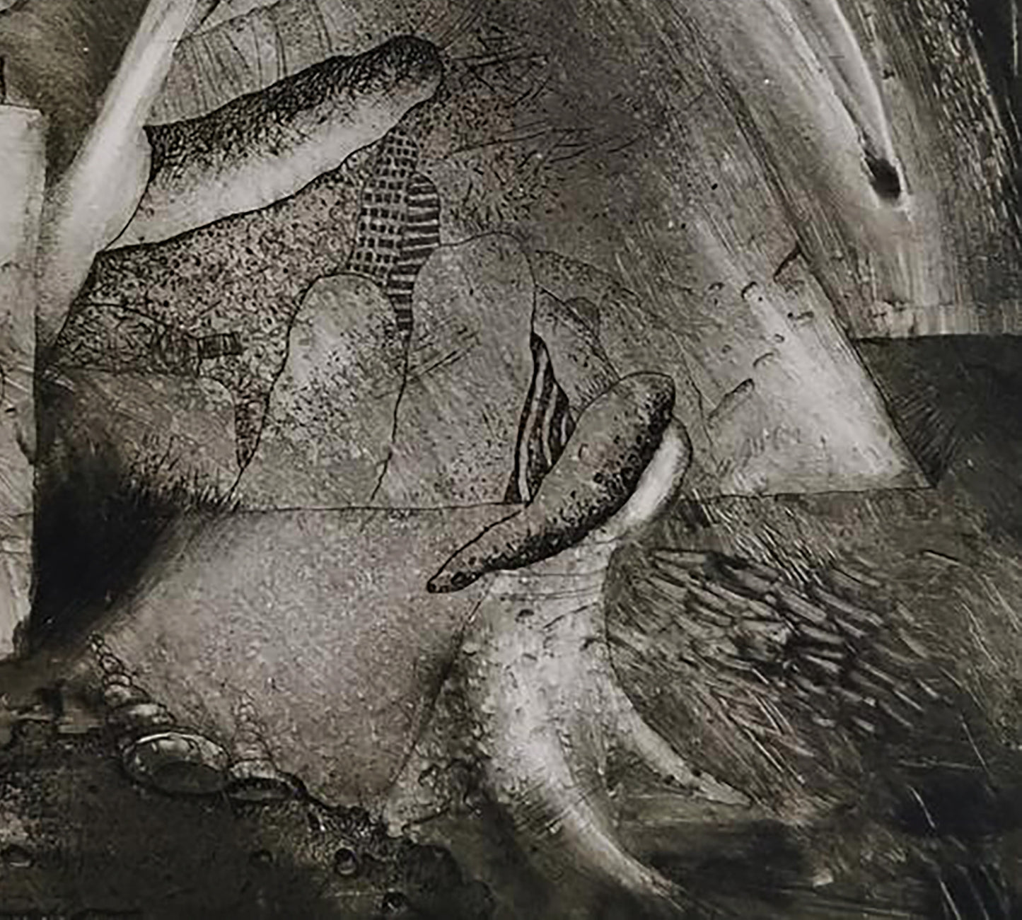 Abstract charcoal etching of textured monochromatic rock landscape by unknown artist