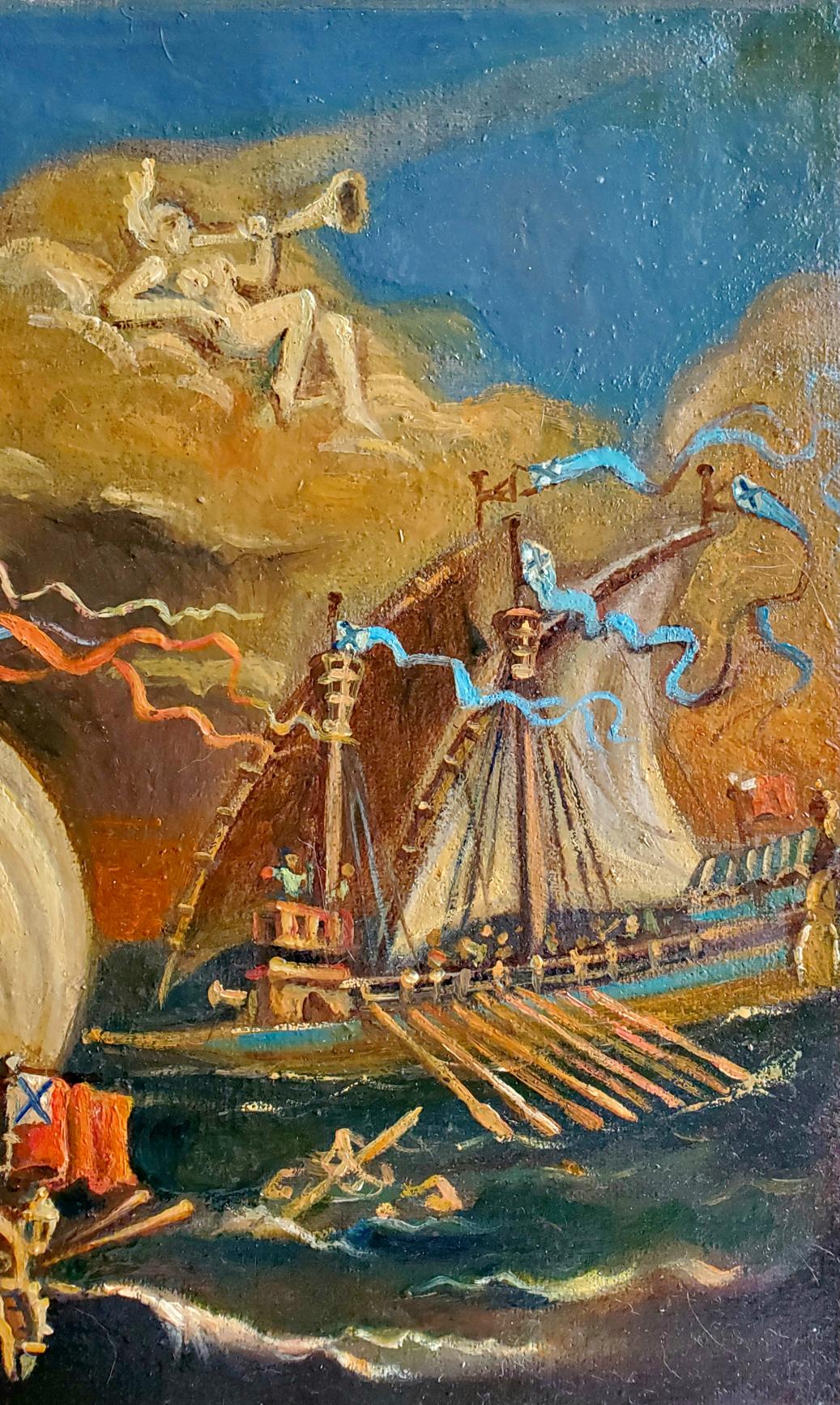 Oil painting Capture the Ship by Daniil Litvinov: ship in turbulent seas under nude horn player in clouds